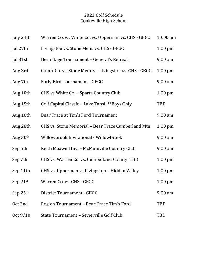 CHS 2023 Golf Schedule